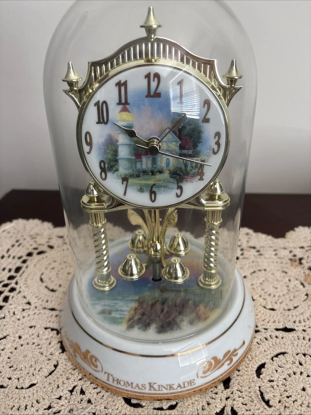 Thomas Kinkade White & Gold Glass Dome Mantel Clock with Scenic Dial